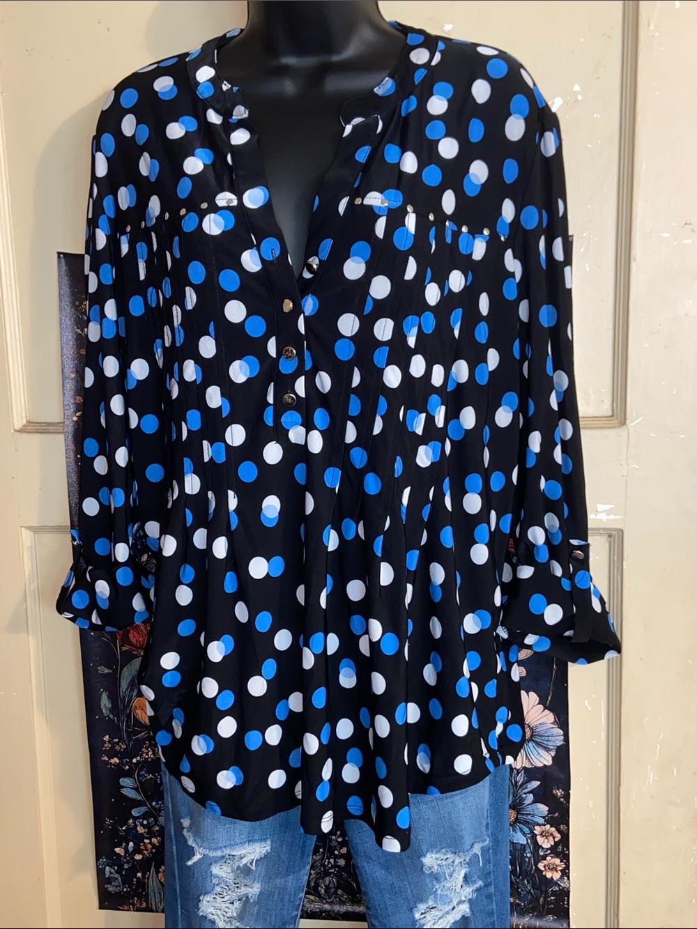 POLKA DOT EMBELLISHED BLOUSE Blue & Gray + Metal Studs COCOMO